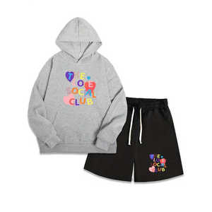 Ensemble sweat-shirt à capuche gris et short noir Love Social Club, manches longues, décontracté, respirant, vêtements d'hiver unisexes pour adultes, 100% coton - Product Image 1