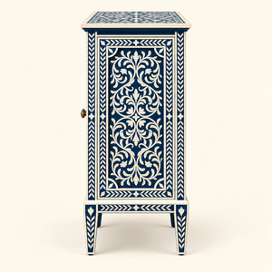 Mueble de Almacenamiento de Madera con Incrustaciones de Hueso Azul Marino, Hecho a Mano con Patrón Floral, Mueble de Lujo para Dormitorio o Sala de Estar, India - Product Image 4