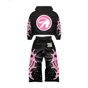 Ensemble sweat-shirt et pantalon de survêtement vintage en coton 100% unisexe personnalisé, sweat-shirt à fermeture éclair avec strass pour homme et femme - Product Image 3