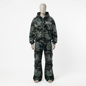 <b>Mens</b> <b>Camo</b> Tracksuit Set Rhinestone Leaf Print Hoodie <b>Cargo</b> Pants Custom Streetwear Sportswear Matching Outfit - Product Image 1