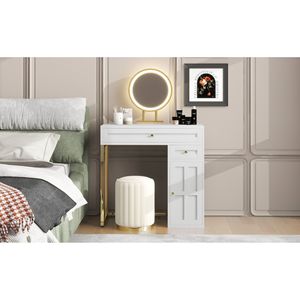 31.5 \ "di lusso bianco-oro toletta 2 cassetti 1 armadio con 3 modalità di illuminazione illuminato trucco Vanity Desk per camera da letto - Product Image 4