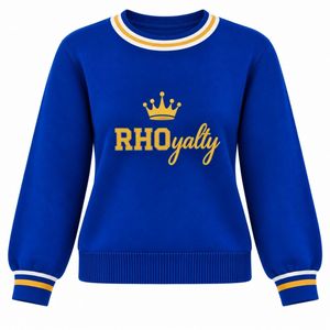 Pull en tricot personnalisé pour femme, col rond, rayé or blanc, avec broderie dorée « RHOLOYALTY Crown », bleu roi - Product Image 1