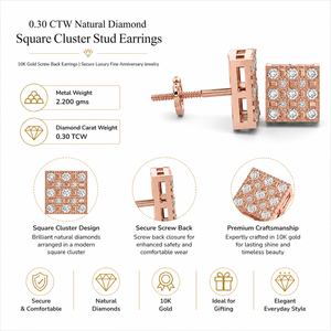 0.30 CTW Natural Diamond Square <b>Cluster</b> Stud Earrings | 10K Gold Screw Back Earrings | Secure Luxury Fine Anniversary Jewelry - Product Image 5