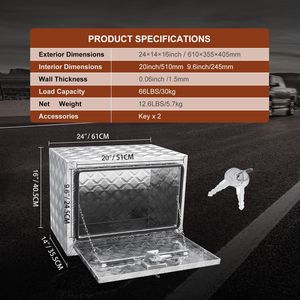Boîte de rangement pour camionnette en aluminium robuste de 24'' x 14'' x 16'' avec serrure à clés, résistante à l'eau, pour outils - Product Image 4