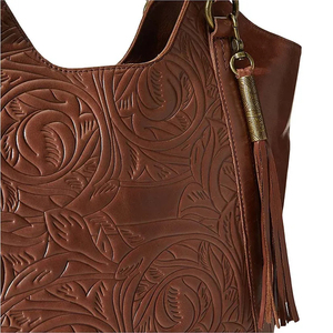 Sac fourre-tout en cuir véritable pour femme, style bohème, motif floral embossé, fermeture éclair, bandoulière avec pompon décoratif - Product Image 3