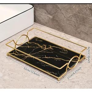 Plateaux décoratifs de salle de bain en marbre noir, forme rectangulaire, avec bordure à motif abstrait, faits à la main, pour servir ou décorer - Product Image 1