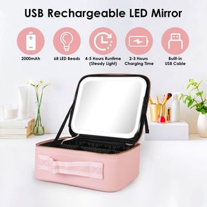 Bolsa de Maquillaje de Viaje con Luz LED Ajustable, 3 Compartimentos de Colores y Soporte para Brochas, Organizador de Cosméticos con Espejo de Aumento - Product Image 5