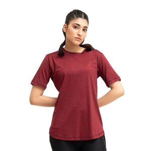Camiseta de manga corta para mujer, color burdeos, cuello redondo, dobladillo curvo, corte informal y relajado, básica para el día a día, ligera, a la moda, para verano - Product Image 1