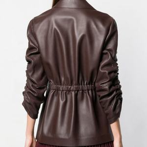 Chaqueta de cuero con manga fruncida perforada para mujer, nuevo diseño de moda, piel de oveja 100% auténtica - Product Image 3