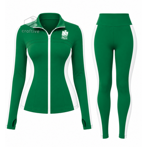 Iota Phi Lambda <b>Women's</b> Green Workout Set With <b>White</b> Contrast Side Panels Full Zip Jacket High Waist <b>Leggings</b> Activewear Set - Product Image 1