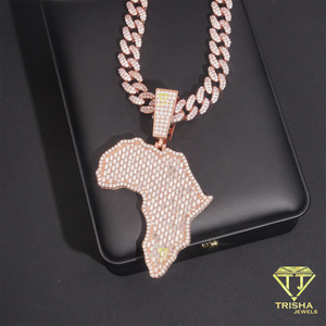 Pendentif de luxe en argent sterling 925 avec carte de l'Afrique, diamants moissanite et pierres baguette serties, style chaîne cubaine hip-hop - Product Image 4