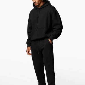 Sweat-shirt à capuche oversize pour homme, noir uni, en molleton de coton, coupe décontractée, avec poches, pour l'automne - Product Image 2