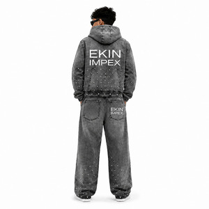 Custom Eco-Friendly Breathable Winter Sun Faded <b>Distress</b> Acid Wash All Print Rhinestone Full-Length Heavyweight Jeans Sweatsuit - Product Image 2