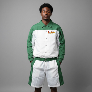 Custom New Arrived 100% Cotton Men's <b>2</b>-<b>Piece</b> <b>Set</b> Printed Eco-Friendly Breathable Streetwear Color Block Windbreaker Green <b>White</b> - Product Image 4