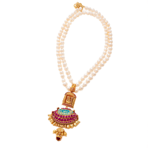 Lakshmi Pendant Necklace with Three Layered Golden Pearl Chain - Product Image 2