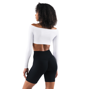 Top Corto sin Costuras para Mujer, con Hombros Descubiertos, Manga Larga, Estampado Blanco, Elástico, para Gimnasio, Yoga, Entrenamiento - Product Image 6