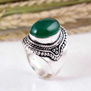 Anillo de Plata de Ley 925 con Ónix Verde, Hecho a Mano, Estilo Bohemio Vintage, con Cuentas y Hojas, Joyería de Boda con Piedras Preciosas para Unisex - Product Image 4