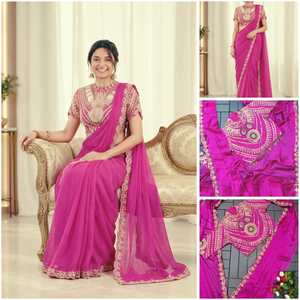 Sari de seda Rangoli con bordado de diseñador, listo para usar, con lentejuelas bordadas y blusa Banglory completamente cosida a mano. - Product Image 4