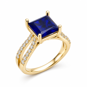 Blue Gemstone Princess Cut Lab Grown Diamond Pave Engagement <b>Ring</b> 14K Yellow Gold Rhodium Plated Classic <b>Split</b> Shank OEM Custom - Product Image 1