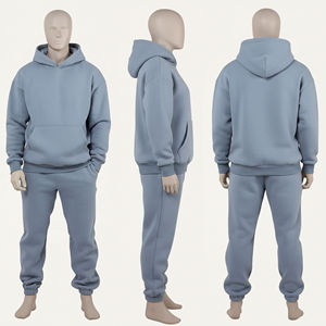 Survêtement unisexe bleu clair à capuche, couleur unie, 100% coton, sweat-shirt décontracté long avec poches latérales, taille élastique - Product Image 1
