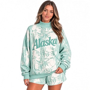 Ensemble tie-dye décontracté pour femme, sweat-shirt oversize à col montant, pull streetwear à manches longues, mini-short assorti - Product Image 5