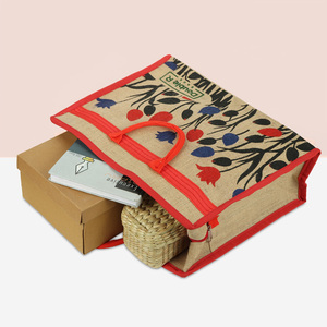 Floral Printed <b>Foldable</b> Jute Shopping Gift Tote <b>Bag</b> with Zipper Closure and Double Loop Handle - Product Image 3