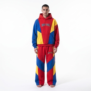 Mens Red Blue <b>Yellow</b> Color Block Hoodie <b>Tracksuit</b> Set Oversized Pullover Sweatshirt Jogger Pants Streetwear - Product Image 1