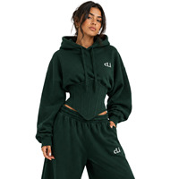 Ensemble de survêtement vert haut de gamme pour femme avec corset, sweats à capuche oversize, pantalon palazzo large en coton épais, vêtements d'hiver