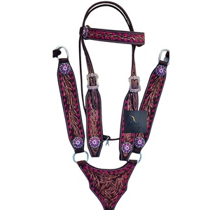 Western Horse Headstall & Breast Collar Set Dark Brown Hand Tooled Leather <b>Pink</b> Inlay Crystal Concho Tack - Product Image 1