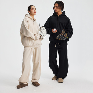 ชุดวอร์มผ้าฝ้ายสีเทาแบบ unisex เสื้อฮู้ดมีซิป กางเกงขายาว มีกระเป๋าข้าง ทรงหลวม สวมใส่สบาย เหมาะสำหรับฤดูใบไม้ร่วง - Product Image 2
