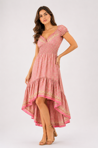 Recycled Silk Boho High Low <b>Maxi</b> <b>Dress</b> for Women V Neck Off Shoulder Styling Casual Party <b>Dress</b> Wholesale Bulk Export - Product Image 4