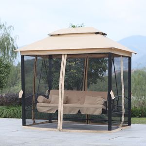 Dondolo da Giardino Beige a 3 Posti con Tettuccio a Doppio Strato e Pareti Laterali in Rete, Cuscini Imbottiti per Gazebo Esterno - Product Image 2