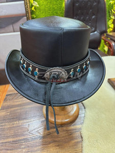 Chapeau haut de forme en daim noir fait main avec clous turquoise, style western cowboy steampunk, écologique, logo personnalisé, unisexe, pour fêtes et occasions décontractées, mode - Product Image 6