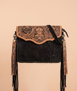 Western Fashion Genuine Leather Fringe Single Strap Adjustable Travel <b>Shoulder</b> <b>Bag</b> Crossbody Purse <b>Nylon</b> Lining Zipper Closure - Product Image 1
