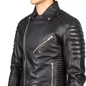 Custom Mens Ribbed <b>Biker</b> Leather <b>Jacket</b> Slim Fit Asymmetrical Zip Genuine Lambskin Motorcycle <b>Jacket</b> OEM - Product Image 4