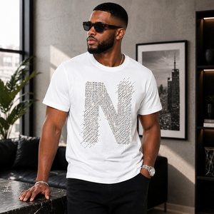 T-shirt blanc à manches courtes pour homme Cosh International avec imprimé lettre N en strass, col rond, coupe décontractée, jersey en coton - Product Image 3