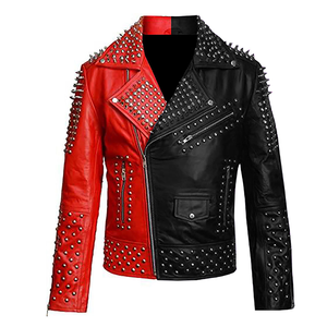 Chaqueta de Cuero PU para Hombre, Color Rojo y Negro, Decorada con Tachuelas, Estilo Punk, Cierre de Cremallera, Chaquetas de Cuero Personalizadas - Product Image 1