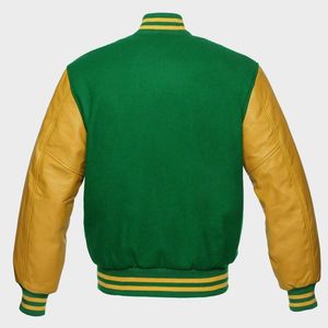 GREEN <b>WOOL</b> VARSITY LETTERMAN BOMBER BASEBALL JACKET <b>GOLD</b> YELLOW LEATHER SLEEVES - Product Image 3