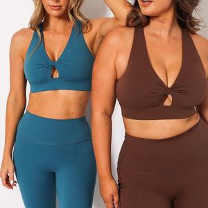 Women's Sports <b>Bra</b> Set With Knotted Front Design In <b>Blue</b> And Brown High Waisted Leggings And Shorts For Yoga Fitness Workout - Product Image 2