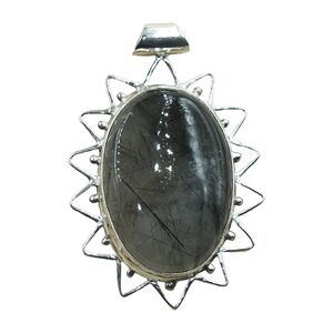 Colgante de Cuarzo Rutilado Negro Natural, Plata de Ley 925, Hecho a Mano, Diseño Ovalado con Forma de Rayos de Sol, Joyería de Cristal Curativo para Unisex - Product Image 1