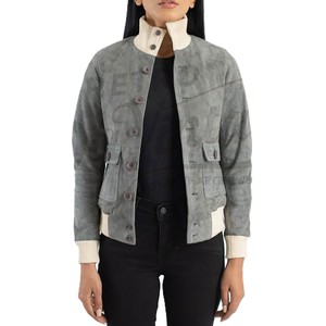 Chaqueta Bomber de Cuero de Ante Genuino Gris para Mujer, con Ribete Acanalado Crema, Ajuste Delgado, de Ante de Cabra Premium, Abrigo Casual de Invierno a la Moda - Product Image 1