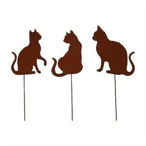 Cat Silhouette Garden Stakes Outdoor Decor Simple Style Galvanized Steel Rust Color for Yard and Patio - Product Image 1