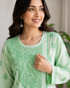 Women’s Mint Green Floral Embroidered <b>Kurti</b>, Long Sleeve Straight Fit Ethnic Indian Kurta, Traditional Casual & Festive Wear - Product Image 2