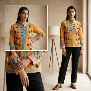 Blouson Bomber en Velours Tricoté Matelassé Brodé Suzani, Fait Main, Motif Floral Bohème, Manches Longues, Écologique, Automne - Product Image 3