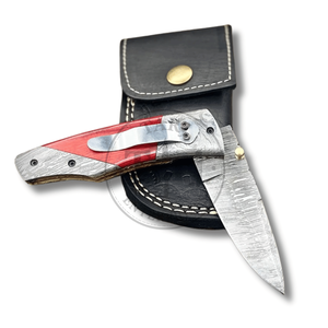 Handmade Damascus Steel Folding Knife Red Wood Handle Professional <b>Drop</b> Point Blade Model TR8885 8inch Overall Length TARJ - Product Image 4