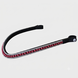 Fronture de cheval en cuir noir de luxe, ornée de cristaux blancs à trois rangs et de perles rouges, avec des strass étincelants en forme de vague, disponible en taille full cob. - Product Image 6