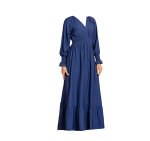 Robe longue décontractée bleue à col en V et manches longues avec volants, taille élastique, coupe trapèze, couleur unie, pour femme, printemps - Product Image 4