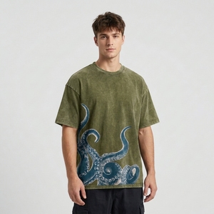 Men's <b>Olive</b> <b>Green</b> Octopus Graphic <b>T</b>-<b>Shirt</b> Vintage Washed Oversized Ocean Inspired Streetwear Tee - Product Image 1