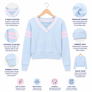 Sudadera Corta con Cuello en V Azul Claro de la Hermandad HMR con Rayas Rosas, Manga Larga, Tejido de Algodón, Estilo Casual - Product Image 6