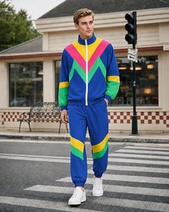Ensemble de survêtement pour homme avec blocs de couleur bleu, jaune, rose, vert, manches longues, fermeture éclair, style sportif décontracté, pour le printemps - Product Image 4